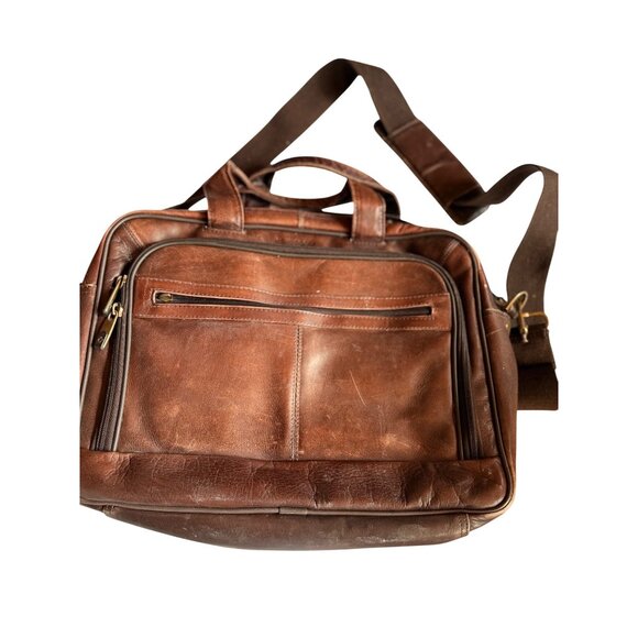 Vintage Brown Samsonite Leather Laptop Bag 12"x16" With Adjustable Strap & Multi - Picture 1 of 12